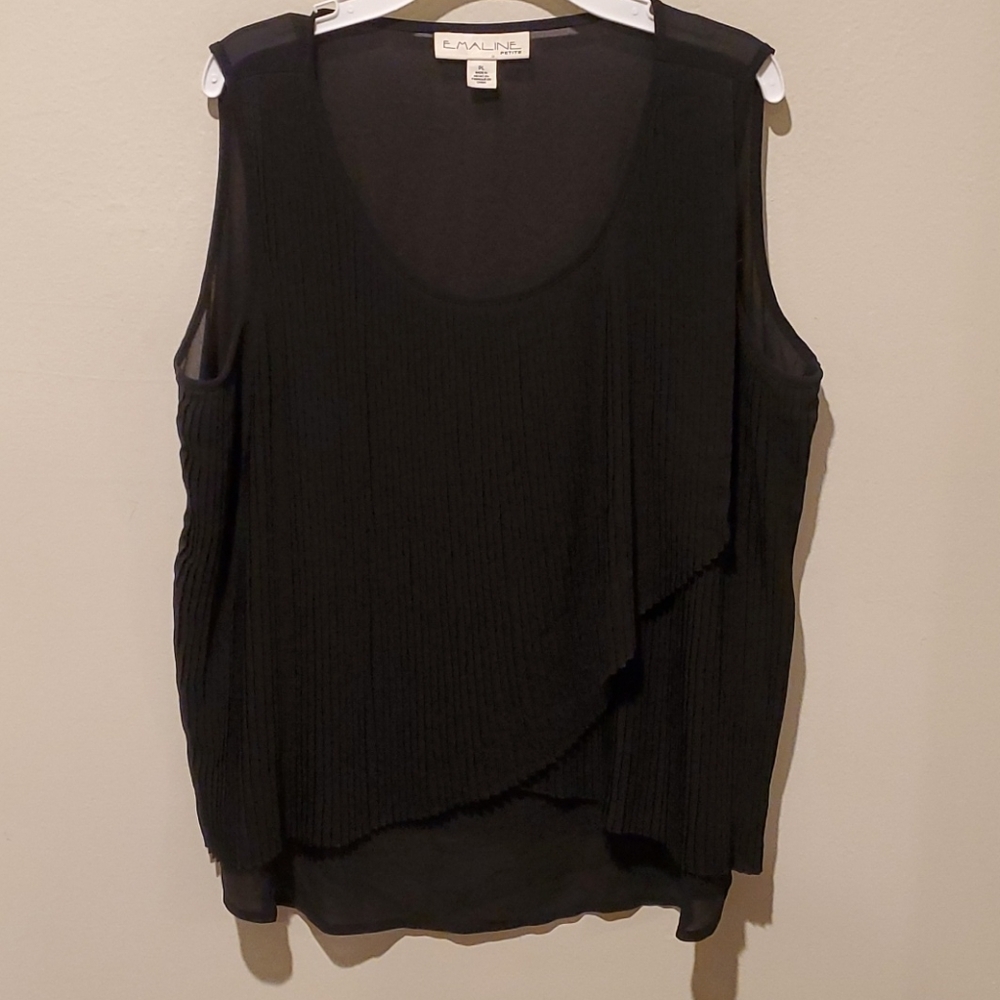 ❤ EMALINE PLEATED SLEEVELESS BLACK BLOUSE / TOP, LP (LARGE PETITE)